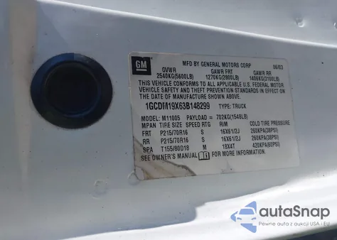 2003 Chevrolet Astro z USA, uszkodzony, nr VIN 1GCDM19X63B148299